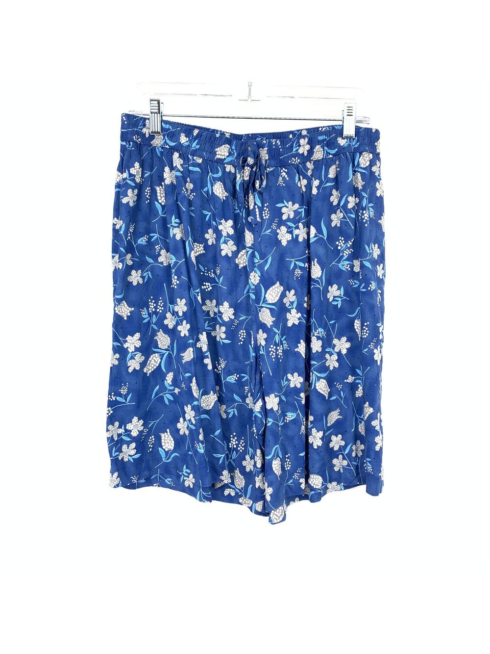 Vintage 90s High Waisted Bermuda Shorts Womens 30" Blue White Floral Drawstring